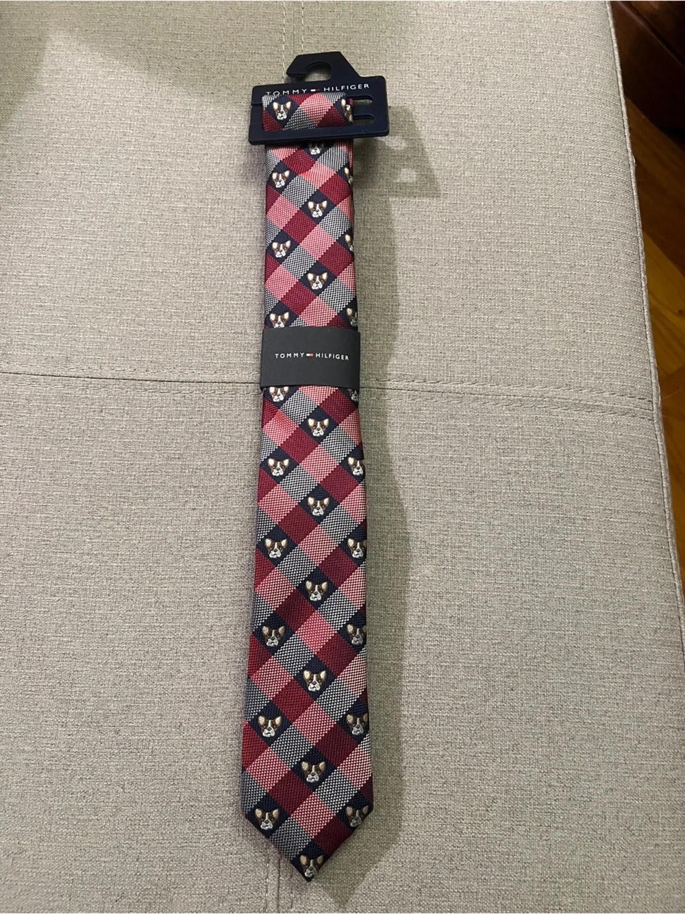 Tommy Hilfiger Red and Navy Plaid Silk Tie Featuring Embroidered French Bulldog